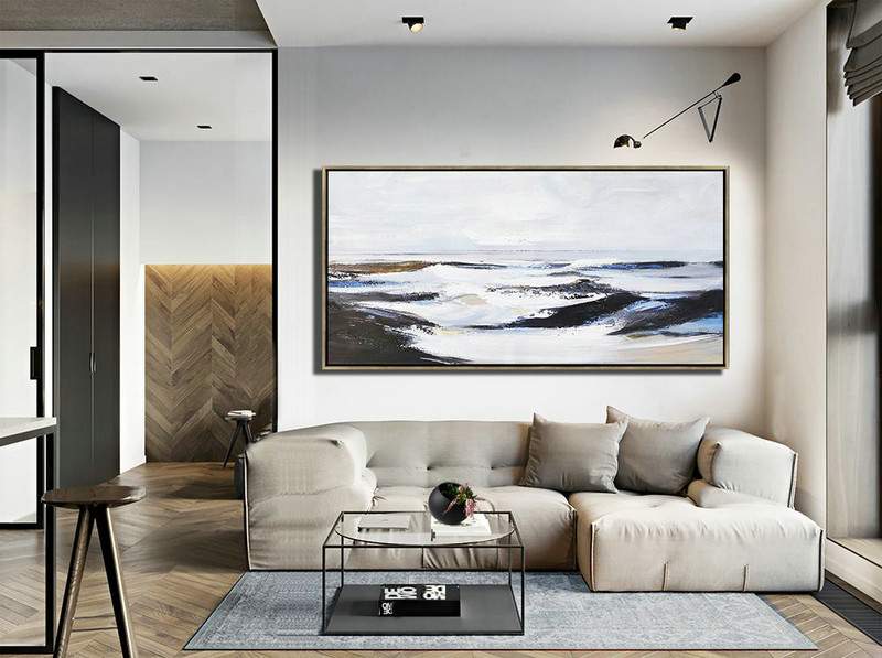 Abstract Painting Extra Large Canvas Art,Horizontal Palette Knife Landscape Art Panoramic Canvas Painting,Modern Wall Decor,White,Grey,Blue,Brown,Black.etc